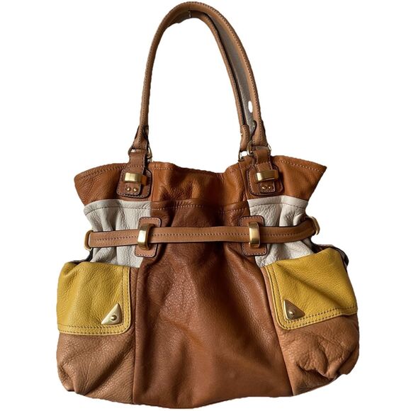 New B Makowsky Leather Colorblock Shoulder Bag Purse Satchel with Gold Hardware - Picture 1 of 4